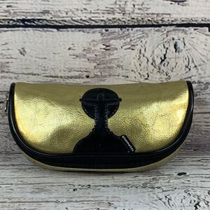 Gilson Martins Gold Metallic Sunglasses‎ Case Zipper Closure Black Trim 6x3in